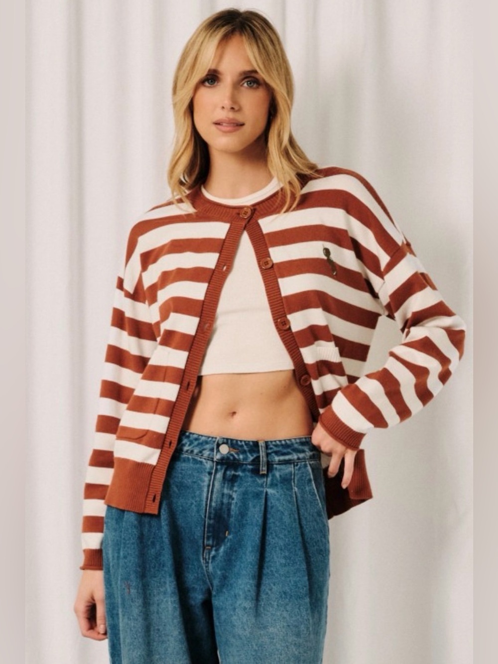 Striped Rust and Cream Button-Front Cardigan